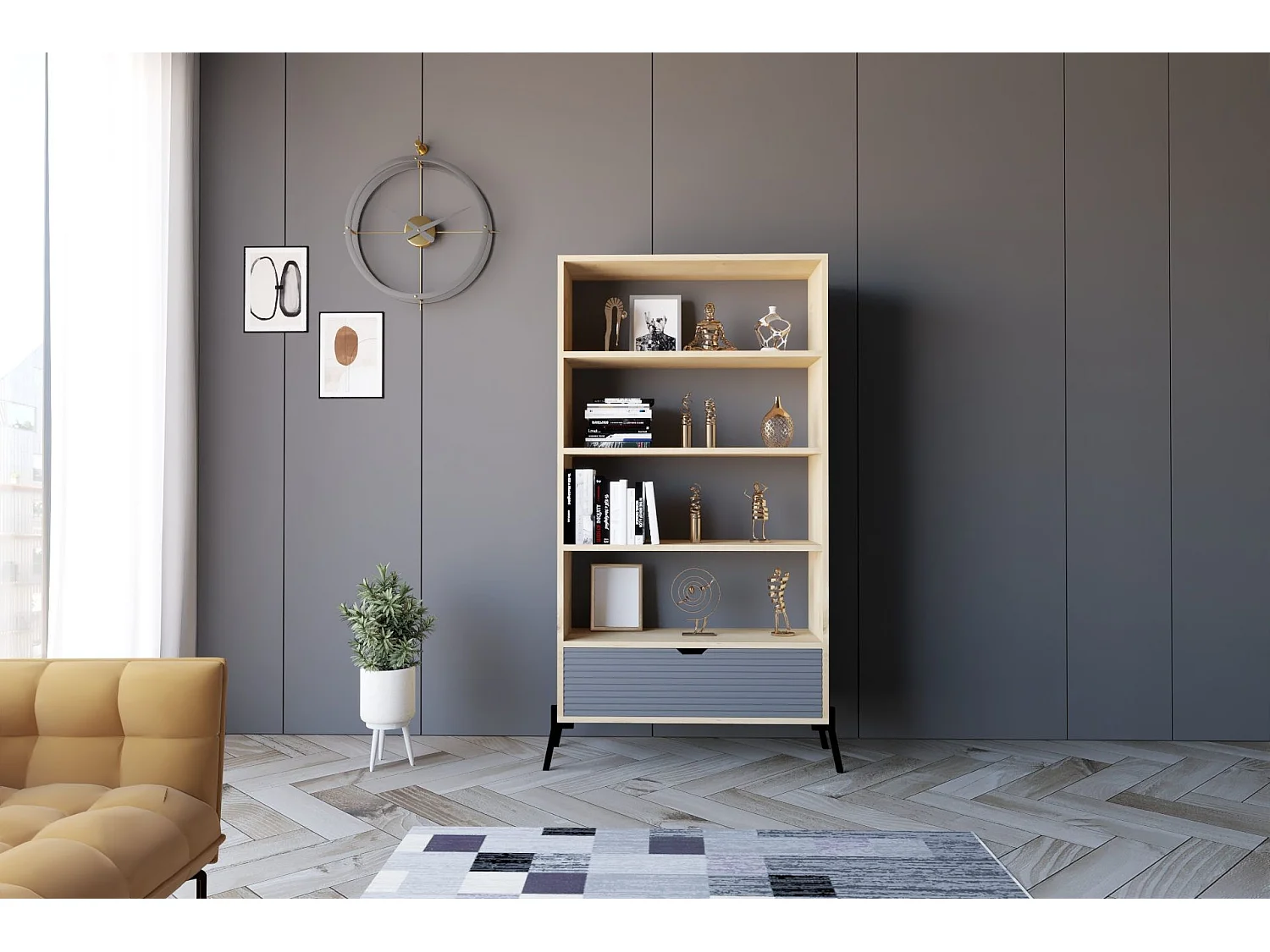 Librería – 160cm x 83,6cm x 30cm – Roble Zafiro y Antracita – Madera