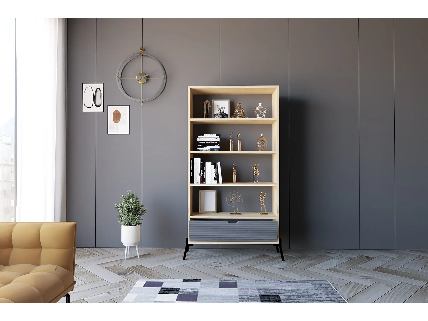Librería – 160cm x 83,6cm x 30cm – Roble Zafiro y Antracita – Madera