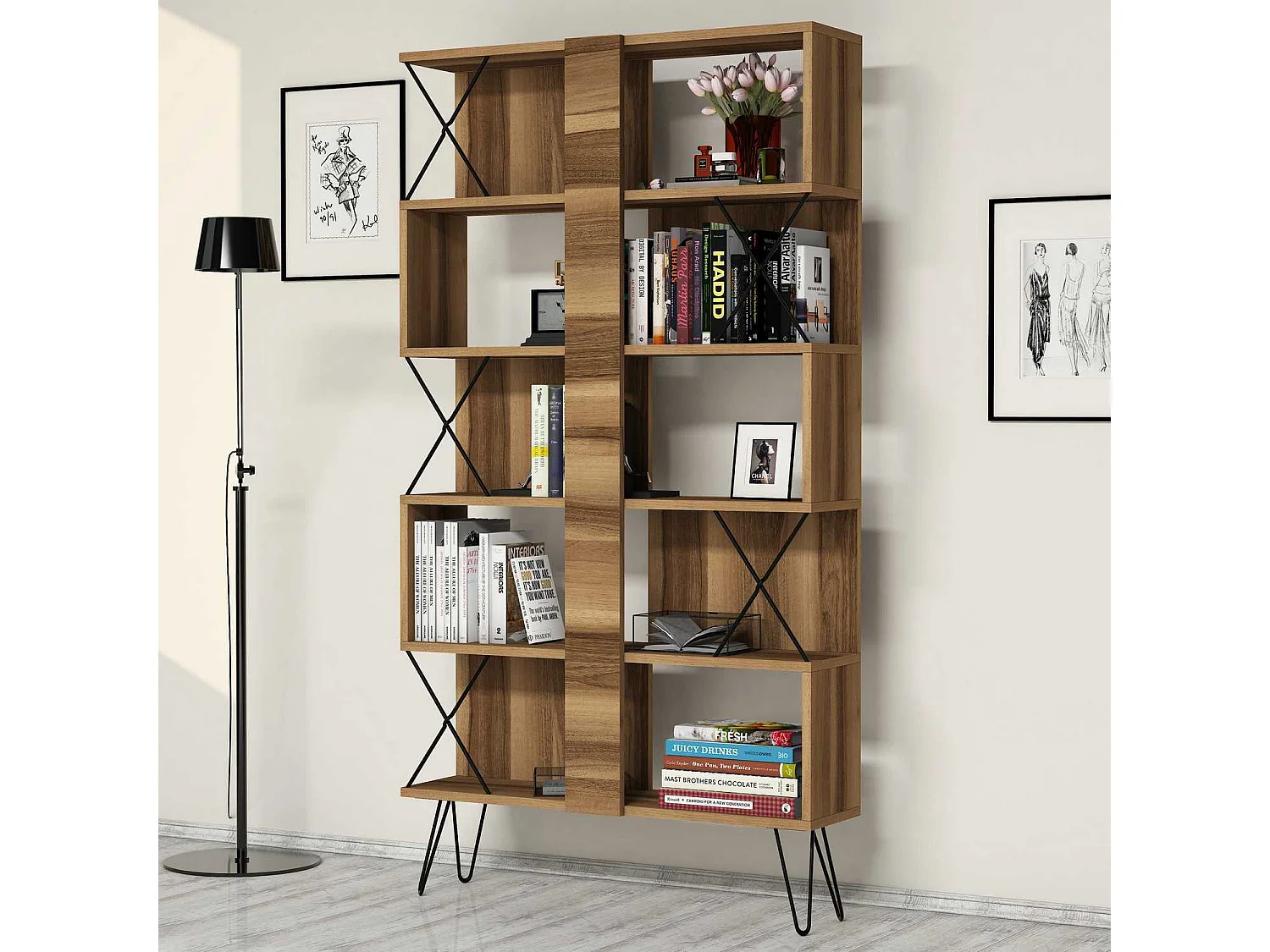 Librería moderna – 90 x 167,3 x 22 cm – Nogal – Tablero de partículas revestido de melamina
