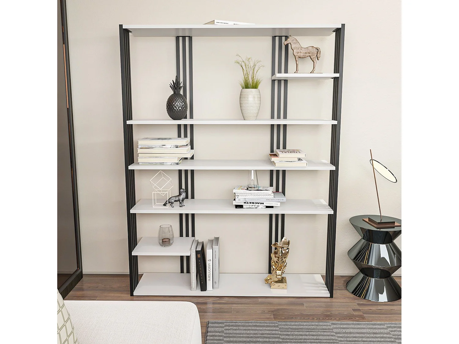 Stylowa, czarno-biała biblioteczka, 120 x 160 x 29,6 cm | Płyta wiórowa pokryta melaminą w 100%, grubość 18 mm | Idealna do nowoczesnego wys