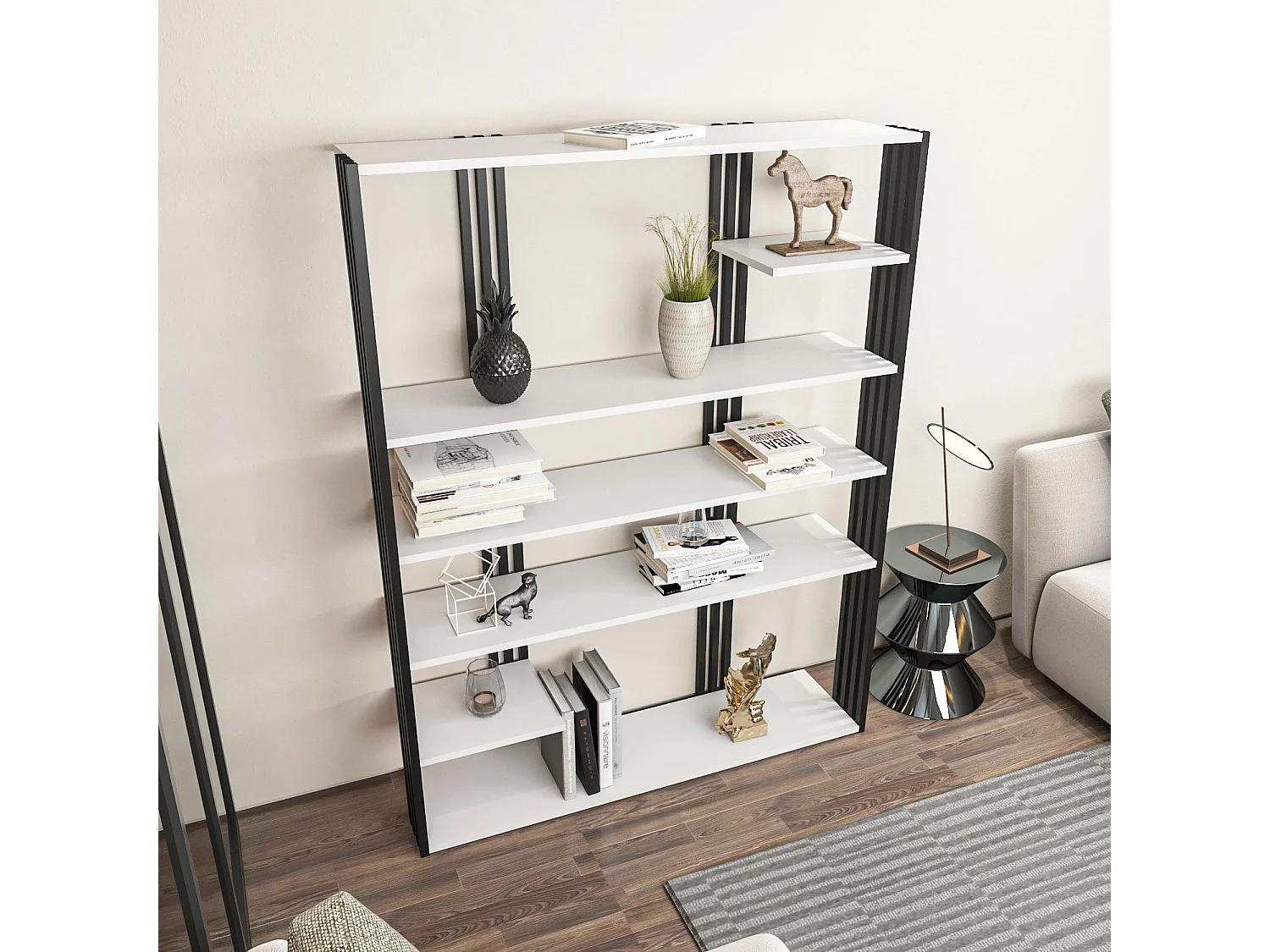 Stylowa, czarno-biała biblioteczka, 120 x 160 x 29,6 cm | Płyta wiórowa pokryta melaminą w 100%, grubość 18 mm | Idealna do nowoczesnego wys