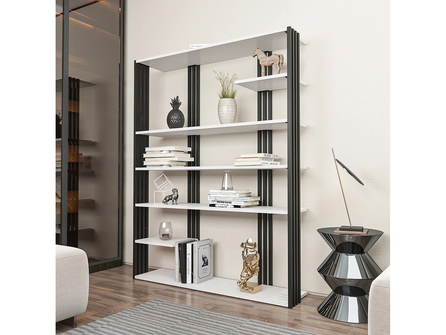 Stylowa, czarno-biała biblioteczka, 120 x 160 x 29,6 cm | Płyta wiórowa pokryta melaminą w 100%, grubość 18 mm | Idealna do nowoczesnego wys