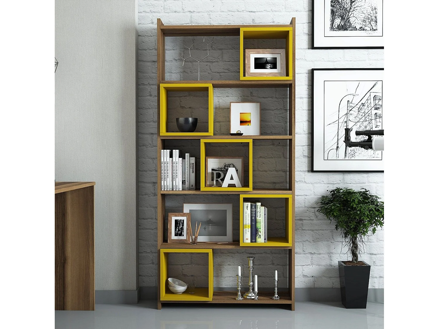 Étagère bibliothèque carrée Iussit 170cm Bois Naturel et Jaune