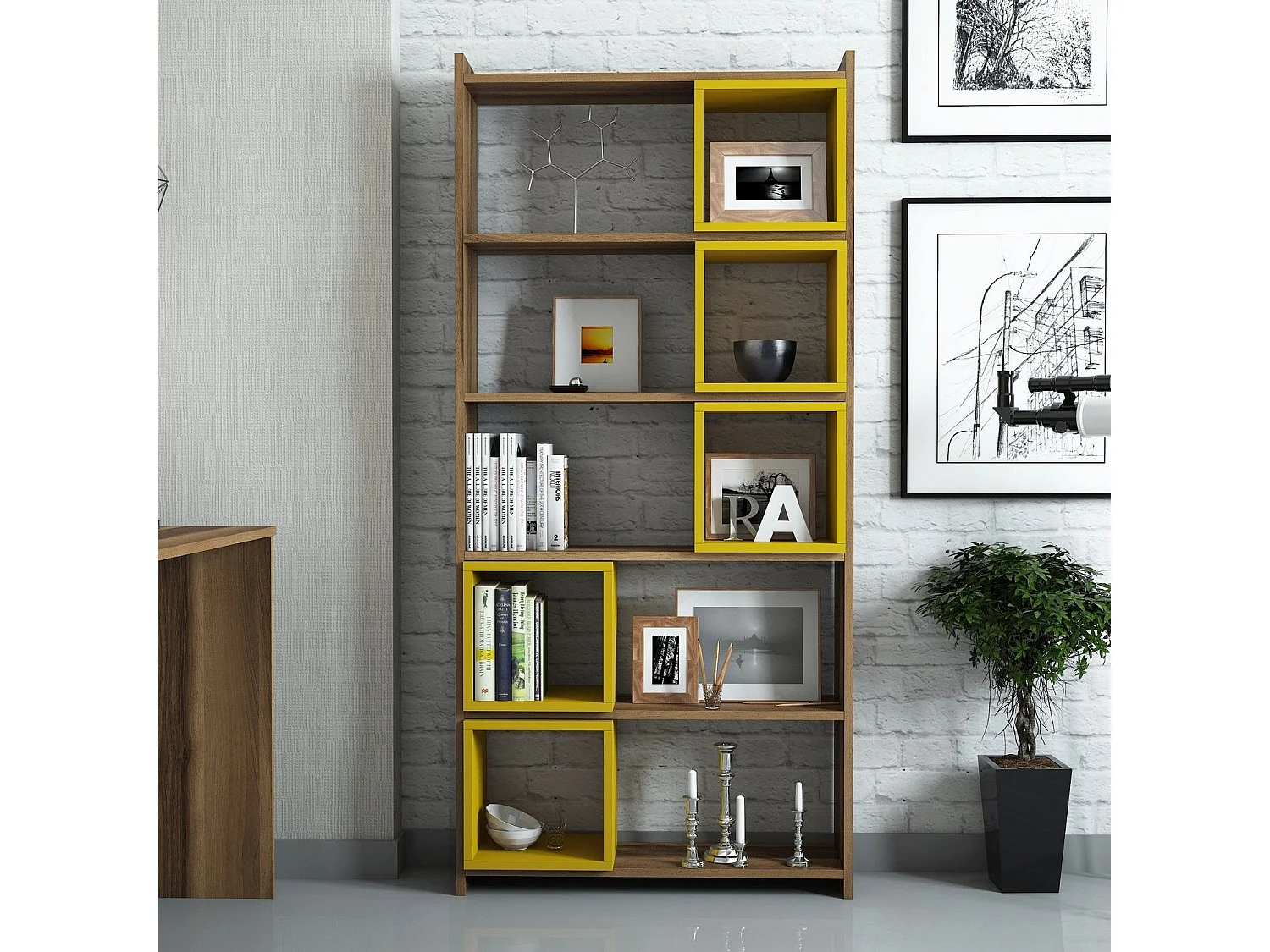 Étagère bibliothèque carrée Iussit 170cm Bois Naturel et Jaune