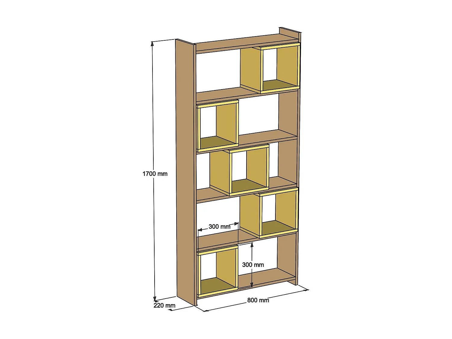 Étagère bibliothèque carrée Iussit 170cm Bois Naturel et Jaune