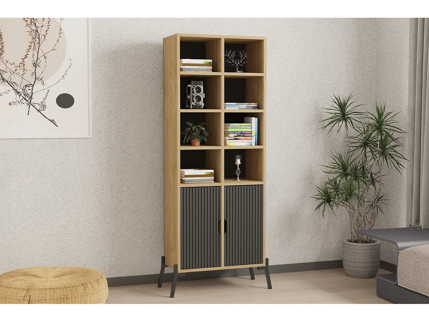 Librería – 58,6 cm x 160 cm x 30 cm – Roble Zafiro y Antracita – Tablero de partículas recubierto de melamina