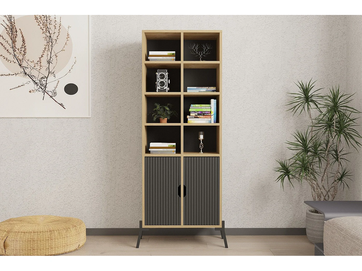 Librería – 58,6 cm x 160 cm x 30 cm – Roble Zafiro y Antracita – Tablero de partículas recubierto de melamina