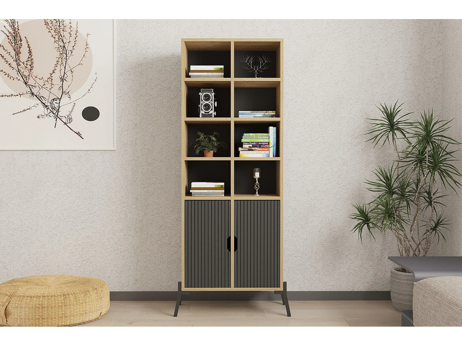 Librería – 58,6 cm x 160 cm x 30 cm – Roble Zafiro y Antracita – Tablero de partículas recubierto de melamina