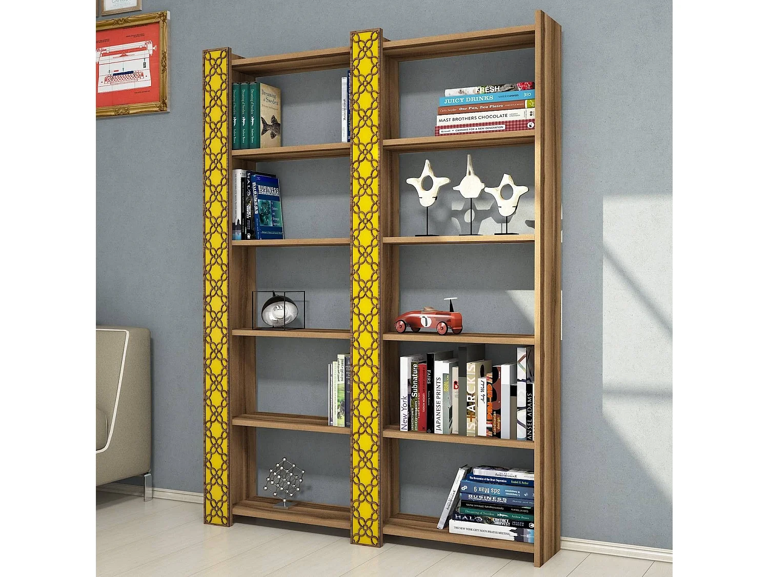 Librería Bohemia – 124,6 x 170 x 24,2 cm – nogal y amarillo – melamina