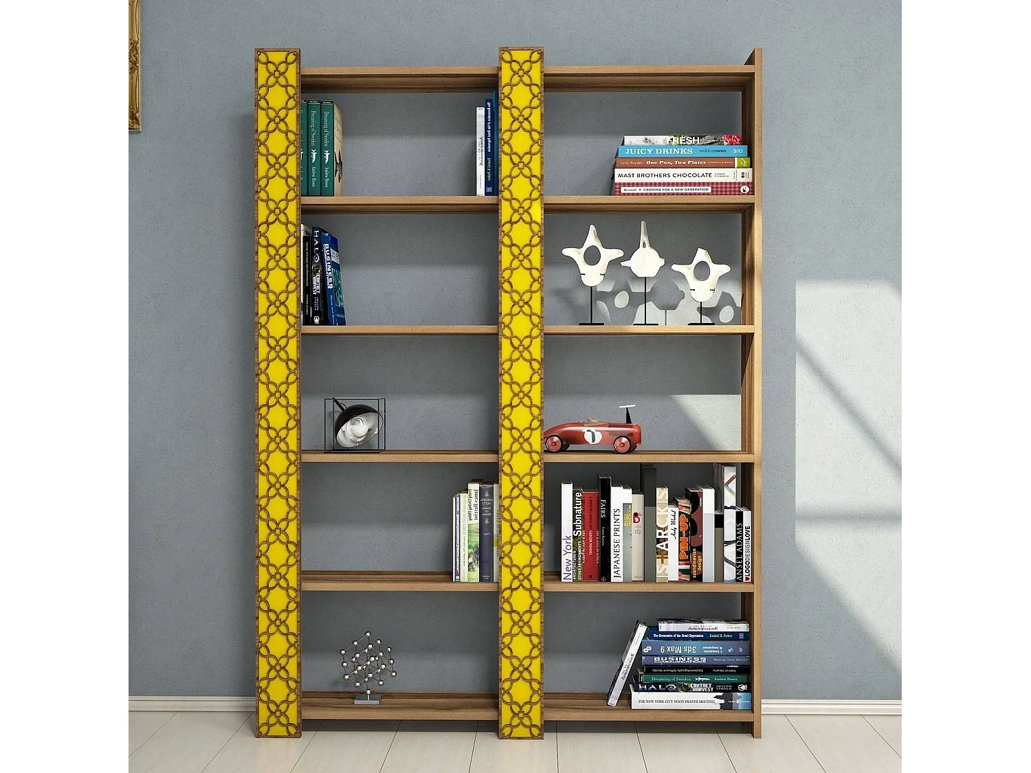 Librería Bohemia – 124,6 x 170 x 24,2 cm – nogal y amarillo – melamina