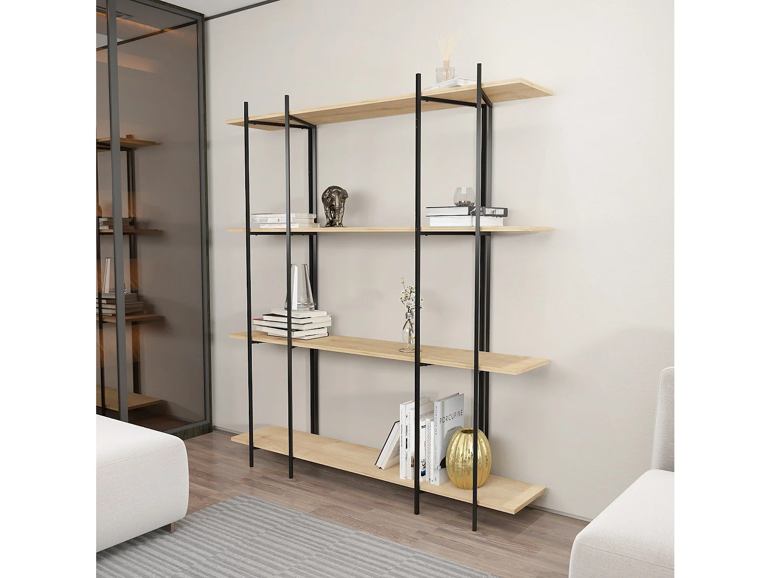 Estante elegante em carvalho e preto, 160 cm x 180 cm x 29,6 cm | Painel de partículas 100% revestido em melamina, 18 mm de espessura | Perf