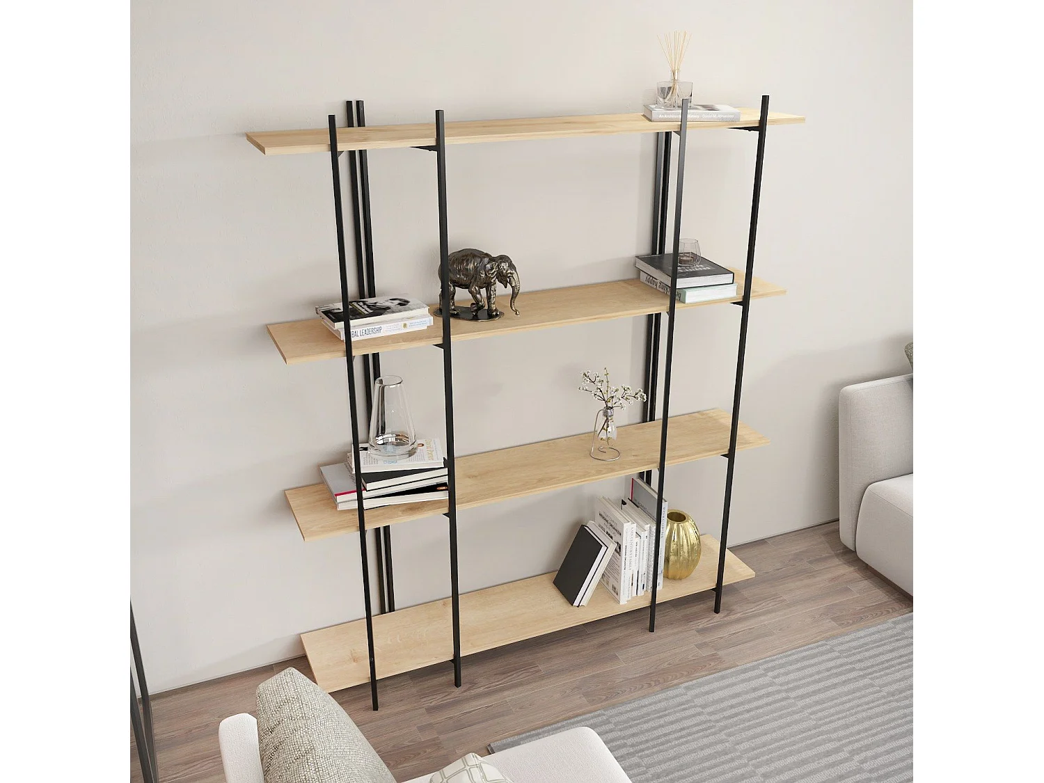 Estante elegante em carvalho e preto, 160 cm x 180 cm x 29,6 cm | Painel de partículas 100% revestido em melamina, 18 mm de espessura | Perf