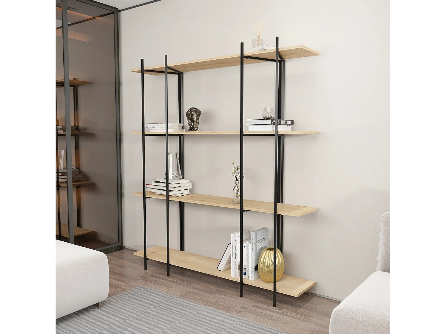 Estante elegante em carvalho e preto, 160 cm x 180 cm x 29,6 cm | Painel de partículas 100% revestido em melamina, 18 mm de espessura | Perf