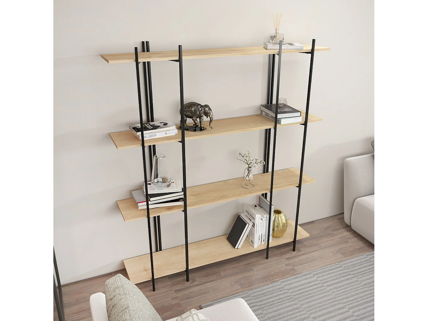 Estante elegante em carvalho e preto, 160 cm x 180 cm x 29,6 cm | Painel de partículas 100% revestido em melamina, 18 mm de espessura | Perf