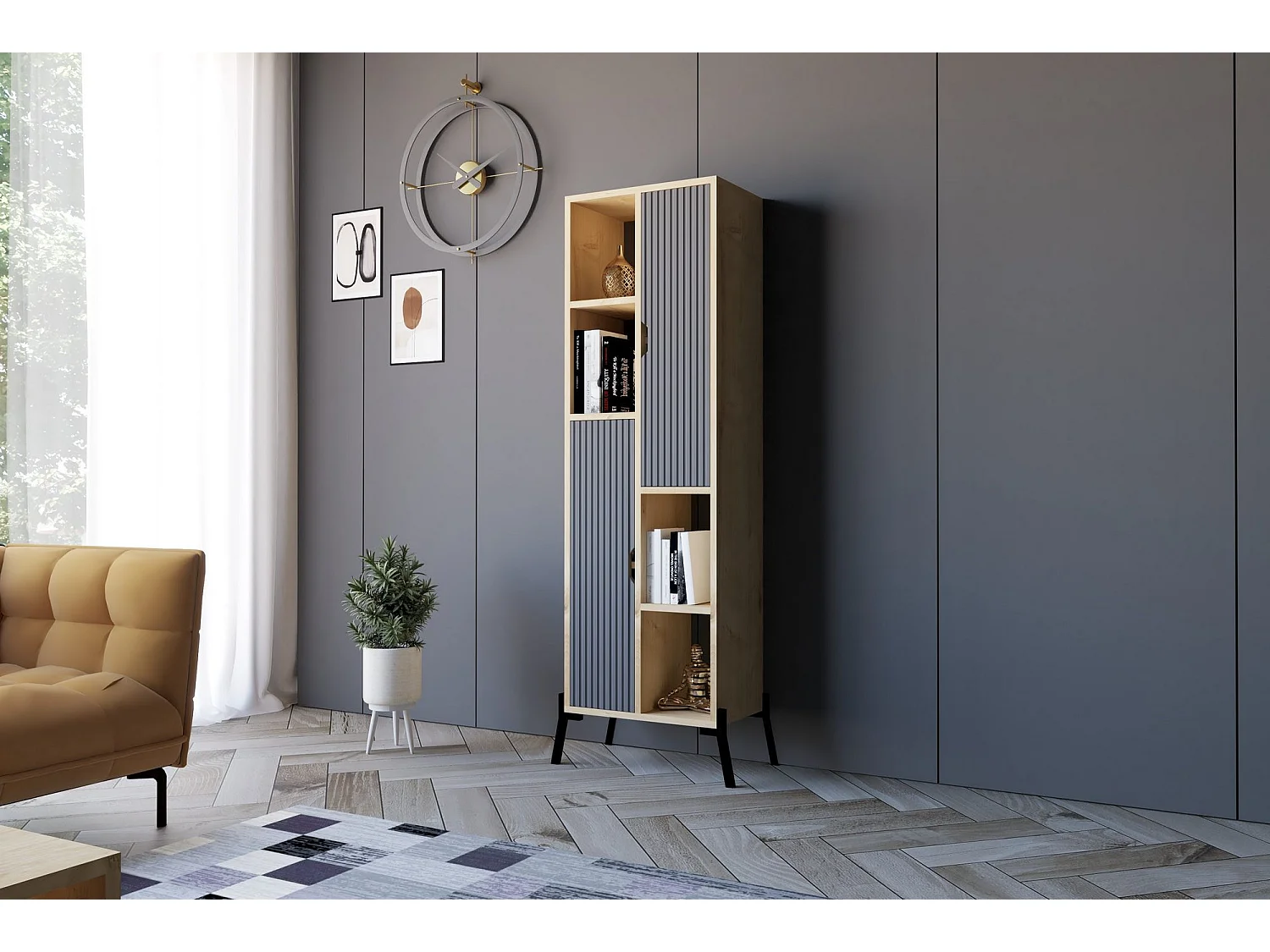 Librería – 48,2 cm x 160 cm x 30 cm – Roble Zafiro y Antracita – Tablero de partículas recubierto de melamina