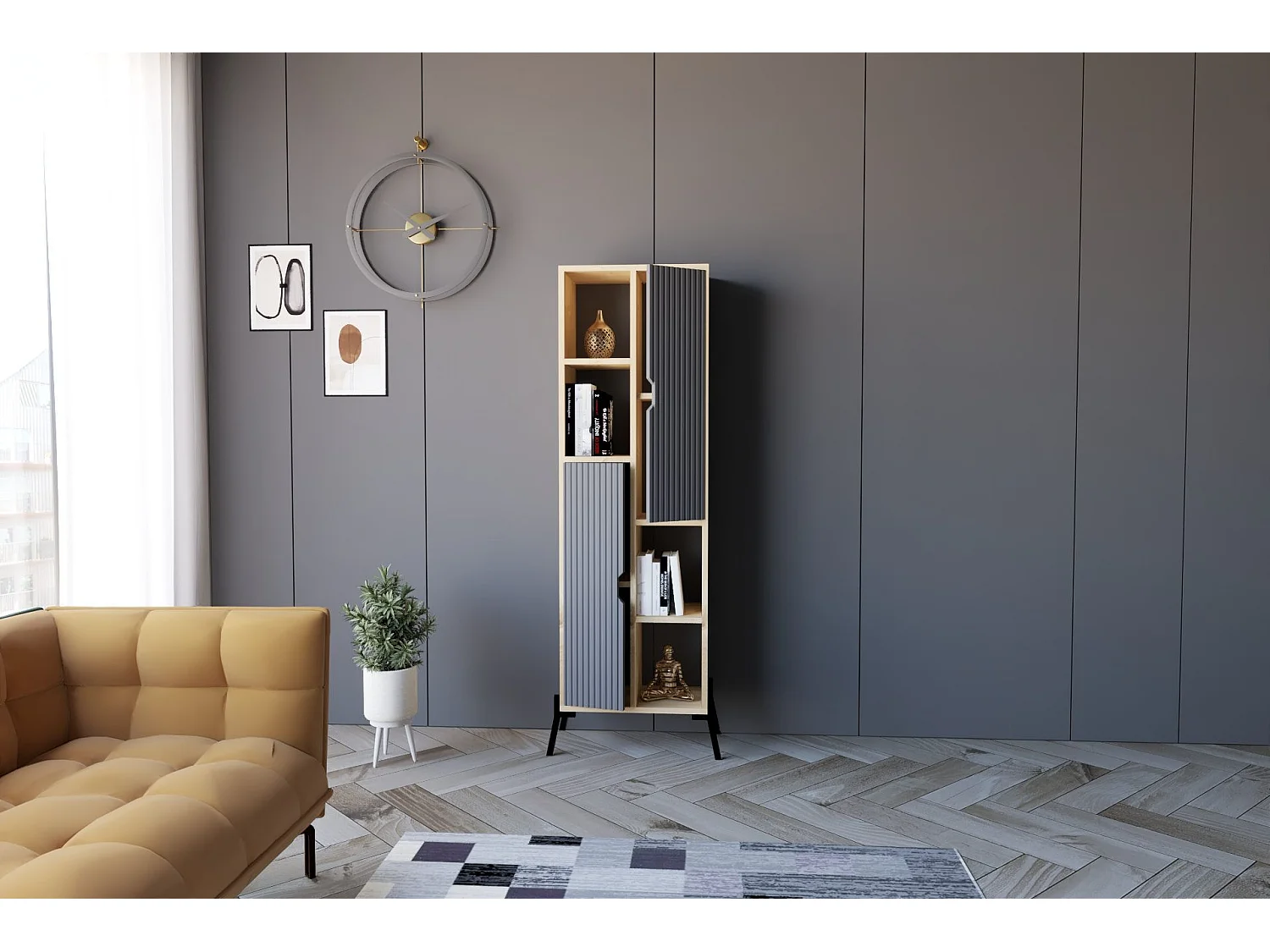 Librería – 48,2 cm x 160 cm x 30 cm – Roble Zafiro y Antracita – Tablero de partículas recubierto de melamina