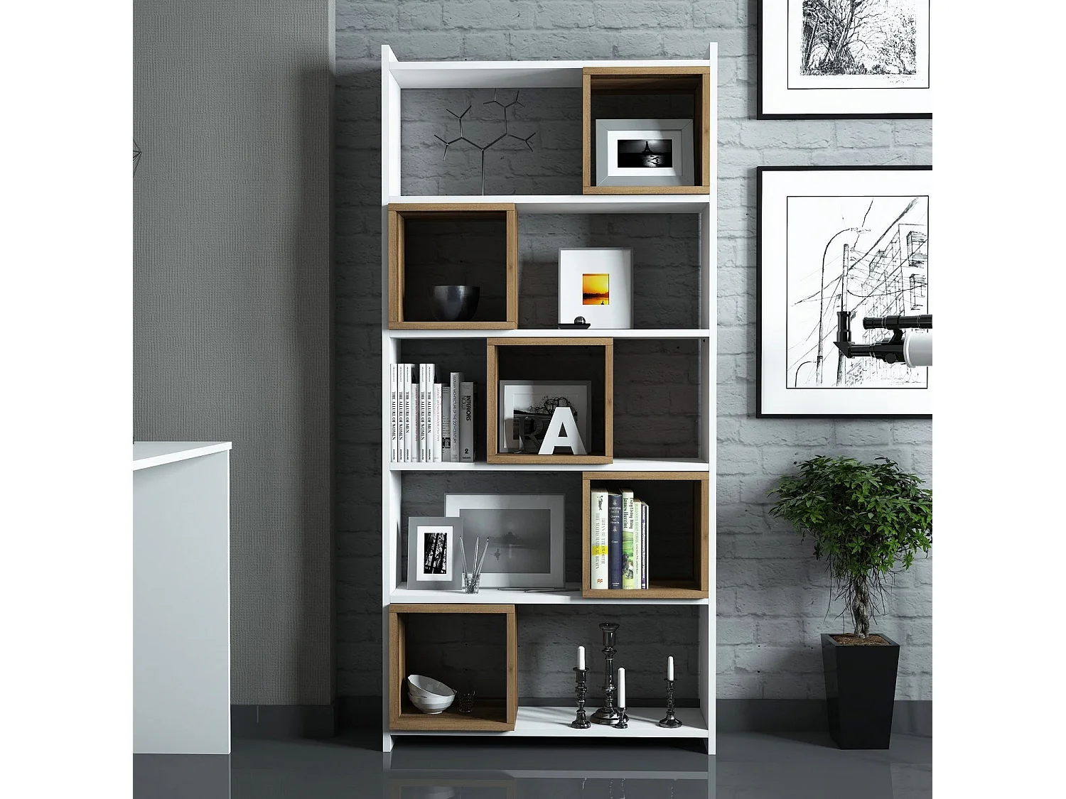 Librería moderna – 80 x 170 x 22 cm – blanco y nogal – melamina