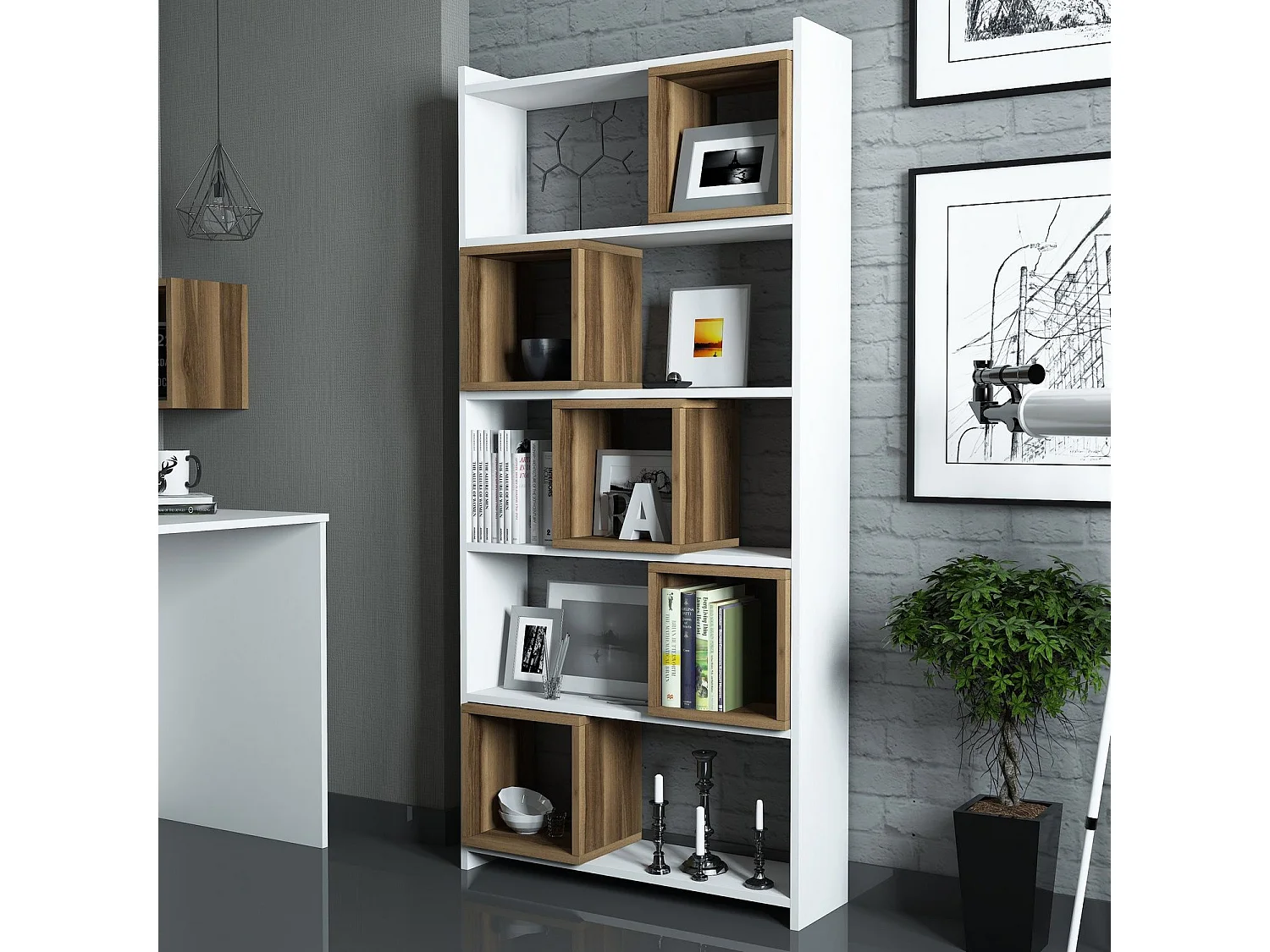 Étagère bibliothèque carrée Iussit 170cm Bois Blanc et Naturel