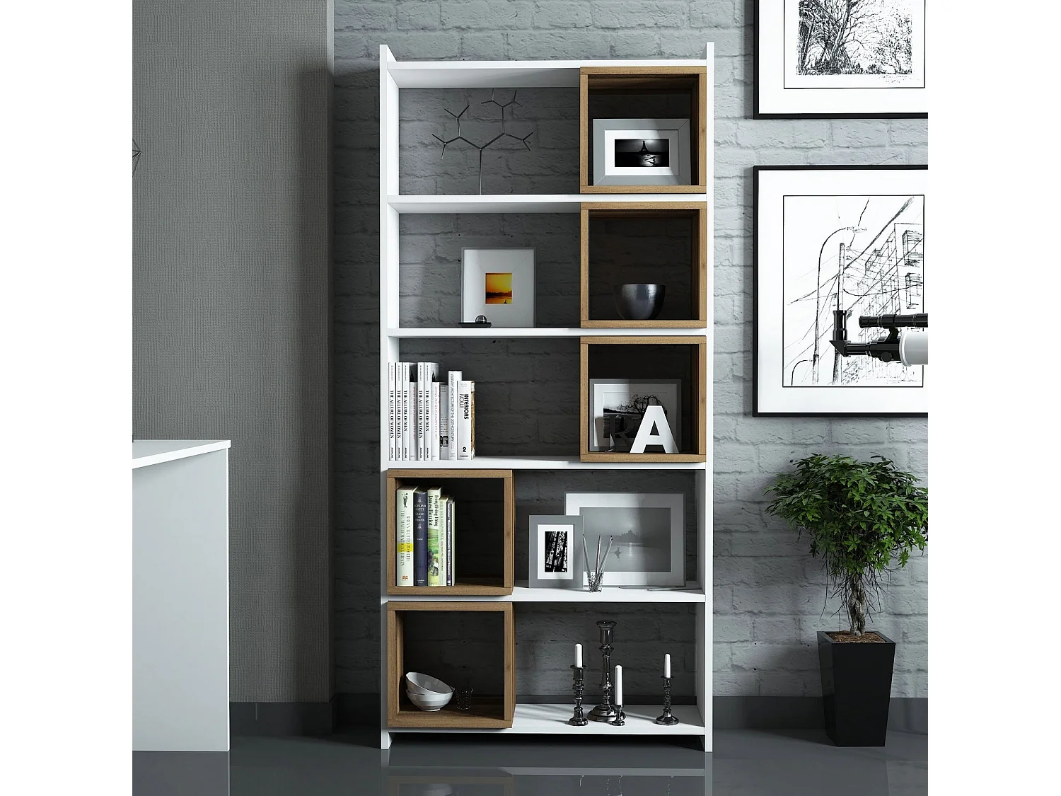 Étagère bibliothèque carrée Iussit 170cm Bois Blanc et Naturel