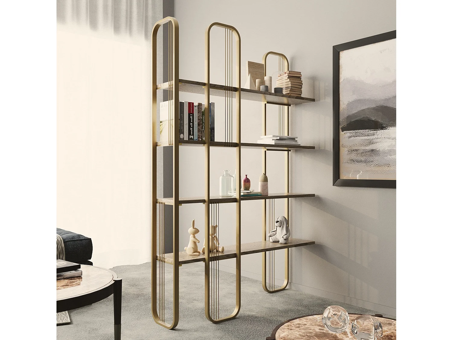 Etagères bibliothèque Arnal L125xH180cm Bois clair et Métal Or