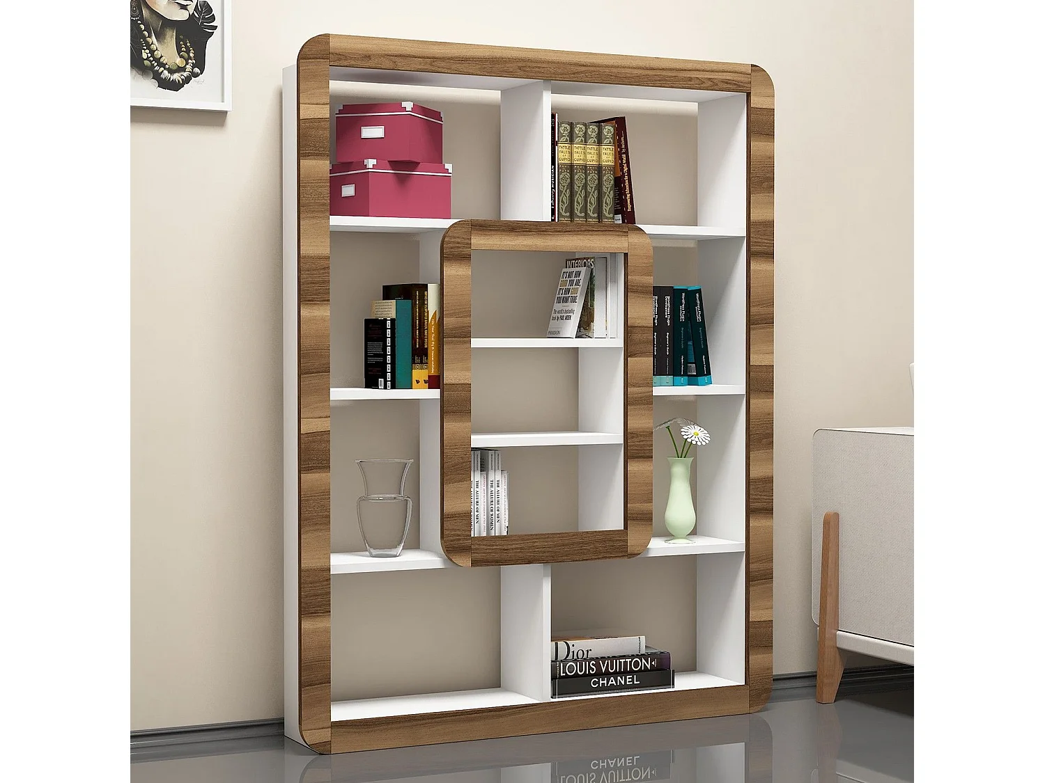 Estante moderna – 108,4 x 140 x 21,8 cm – Branco e nogueira – Painéis de partículas revestidos a melamina