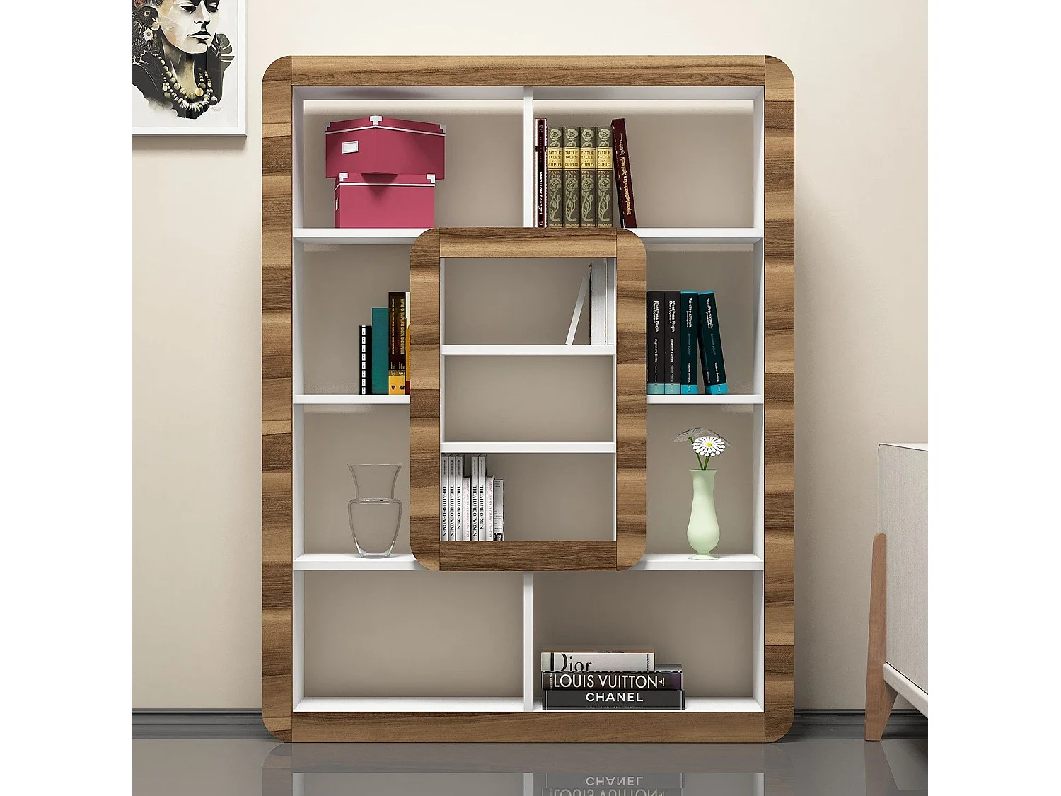 Estante moderna – 108,4 x 140 x 21,8 cm – Branco e nogueira – Painéis de partículas revestidos a melamina