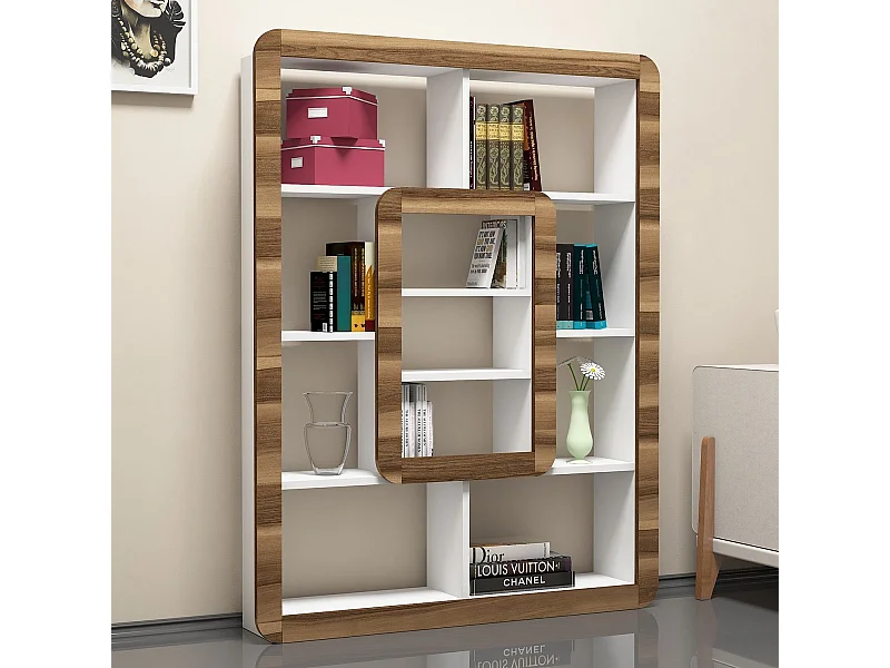 Estante moderna – 108,4 x 140 x 21,8 cm – Branco e nogueira – Painéis de partículas revestidos a melamina