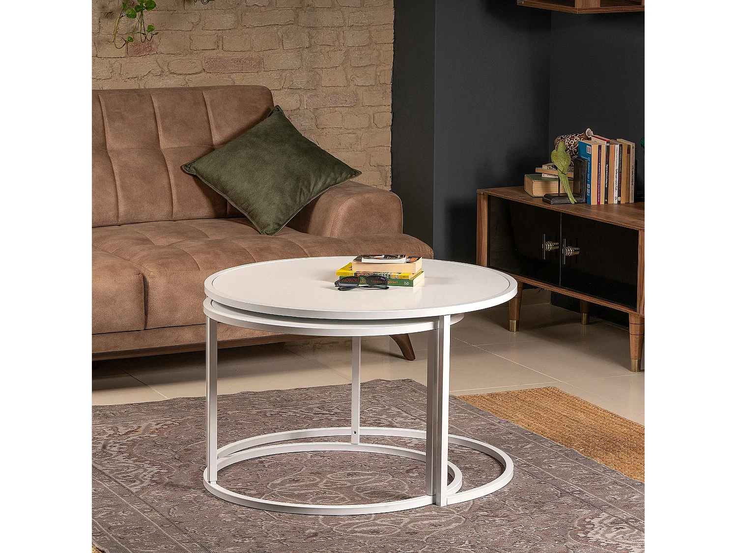 Tabe gigogne Ronde Clementia Bois et Métal Blanc