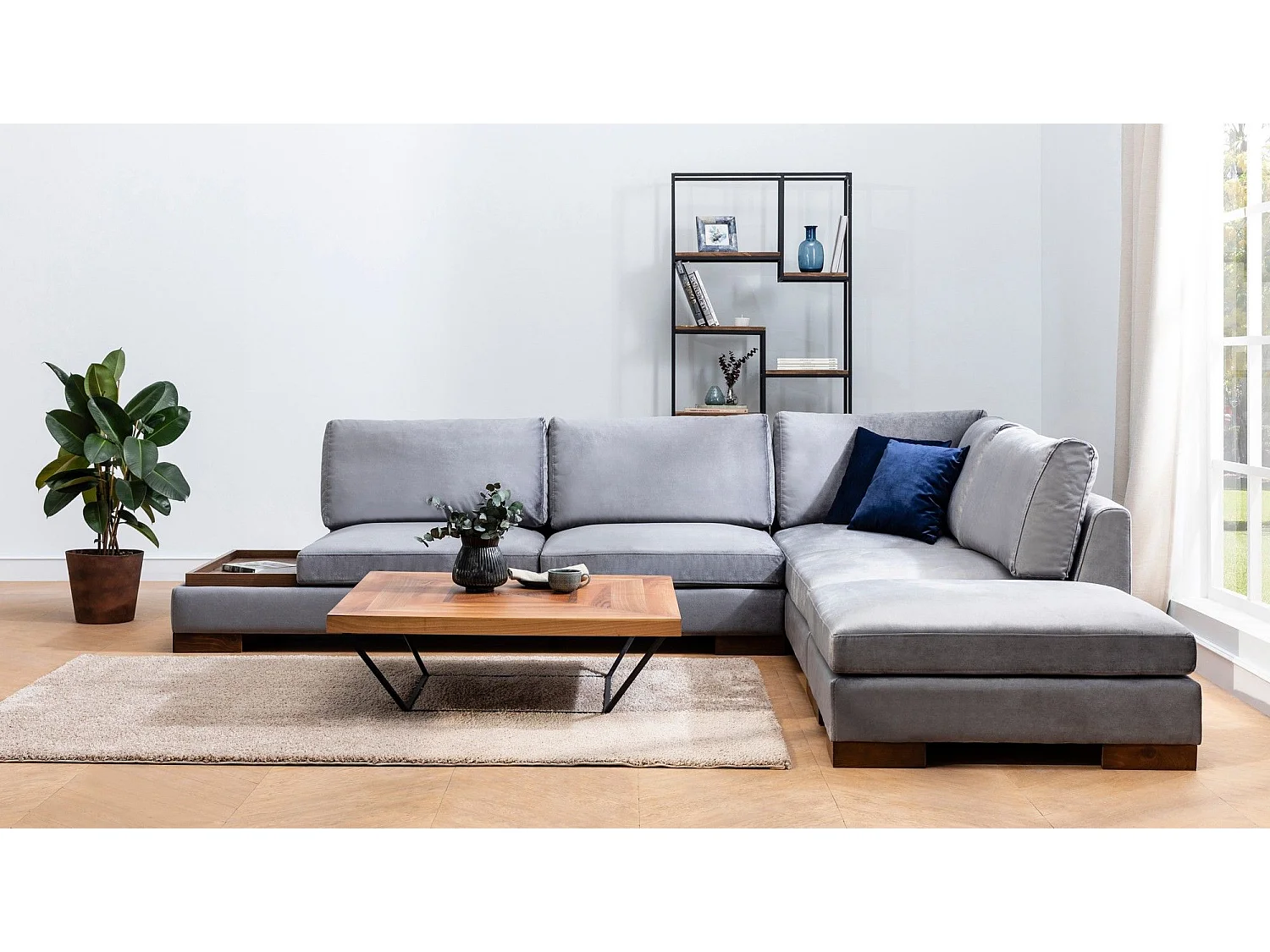 Canapé d'angle à droite avec pouf Perissa Velours Gris foncé