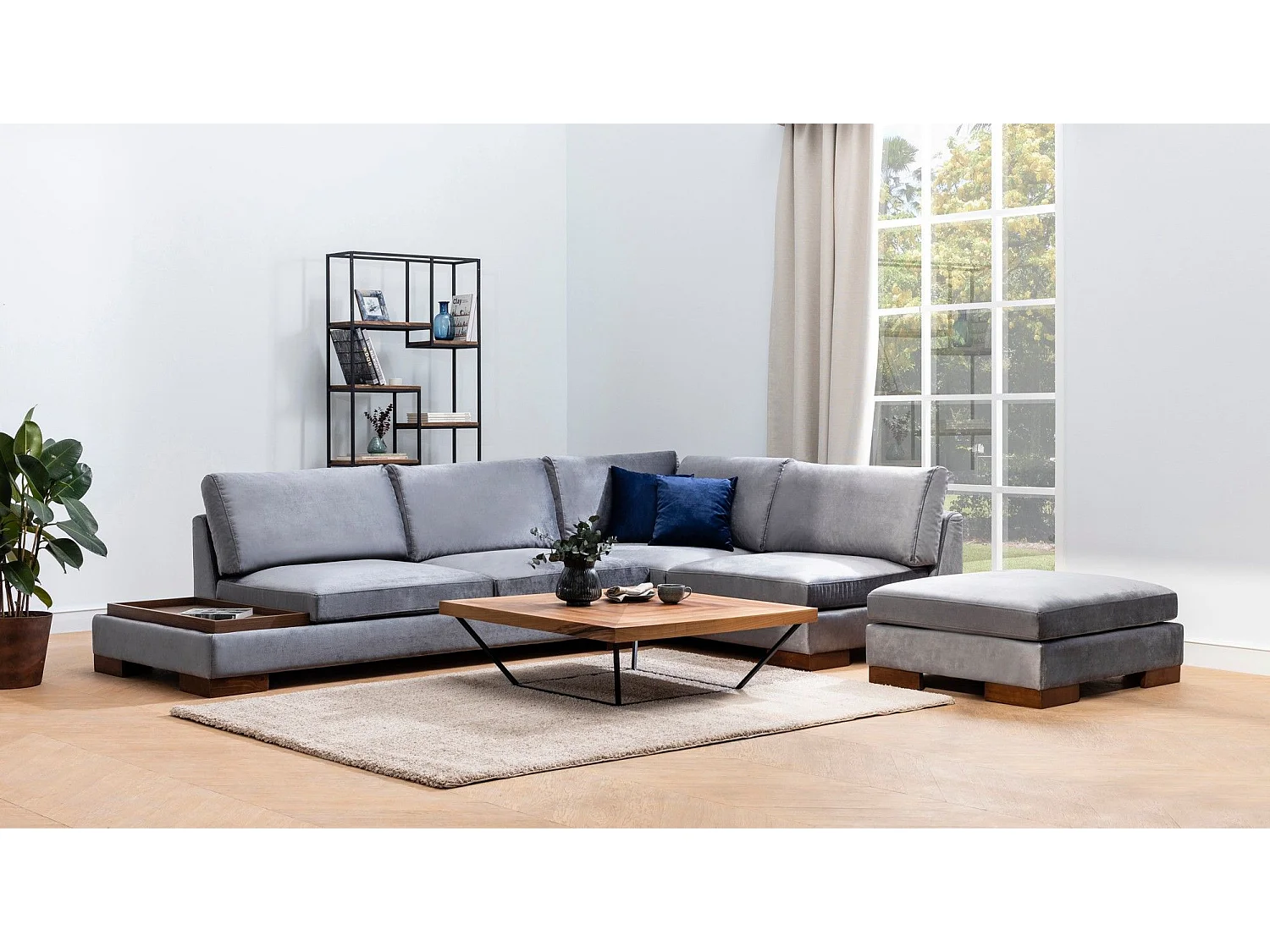 Canapé d'angle à droite avec pouf Perissa Velours Gris foncé