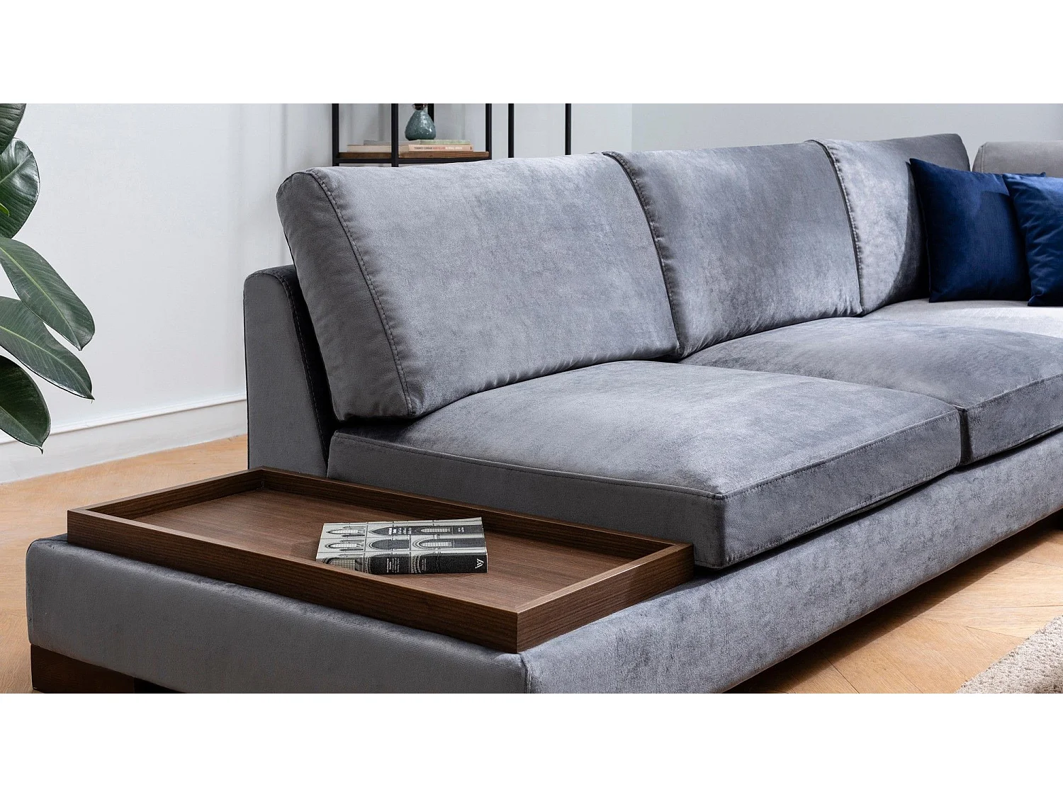 Canapé d'angle à droite avec pouf Perissa Velours Gris foncé
