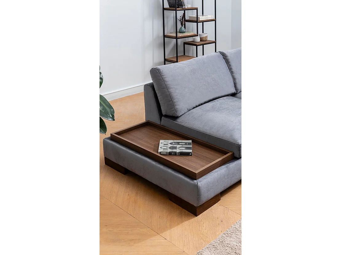 Canapé d'angle à droite avec pouf Perissa Velours Gris foncé