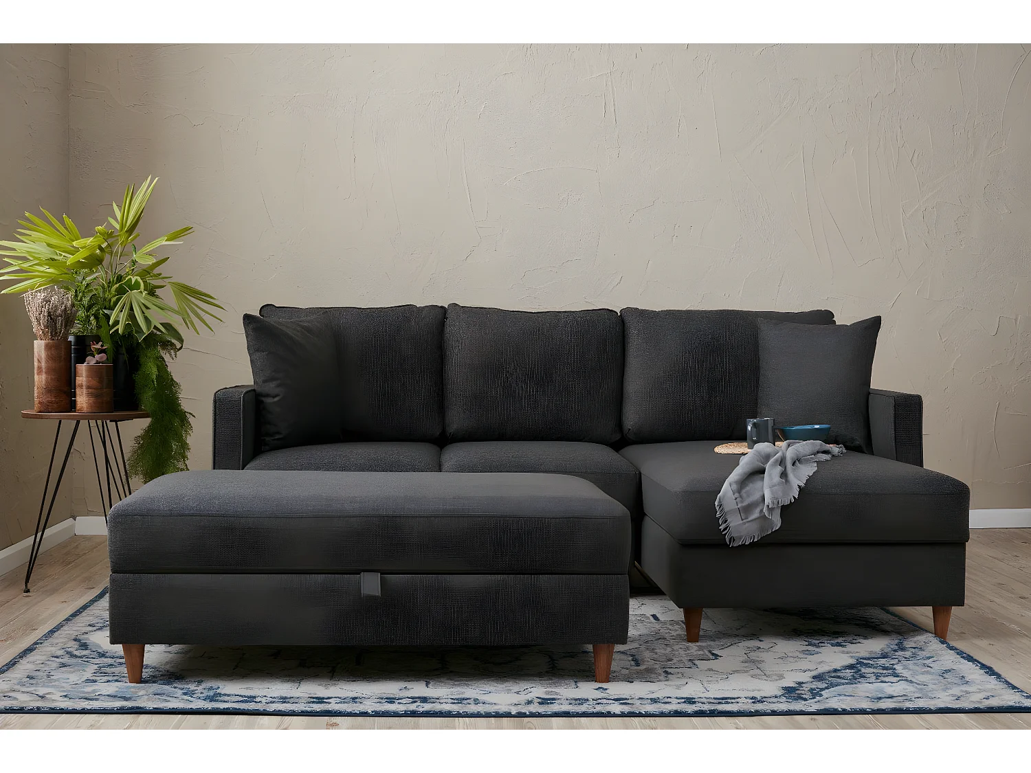 Canapé d'angle à droite convertible avec pouf-coffre Evania Tissu Gris anthracite