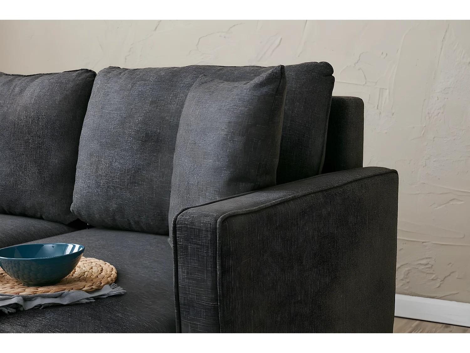 Canapé d'angle à droite convertible avec pouf-coffre Evania Tissu Gris anthracite