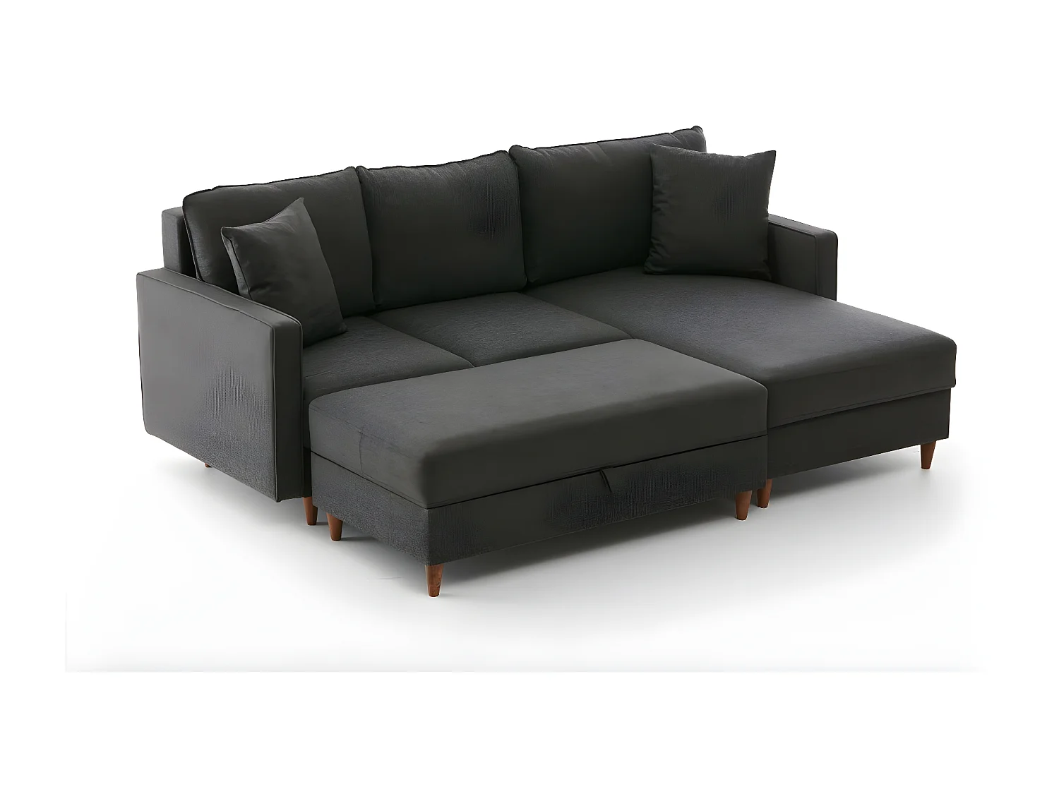 Canapé d'angle à droite convertible avec pouf-coffre Evania Tissu Gris anthracite