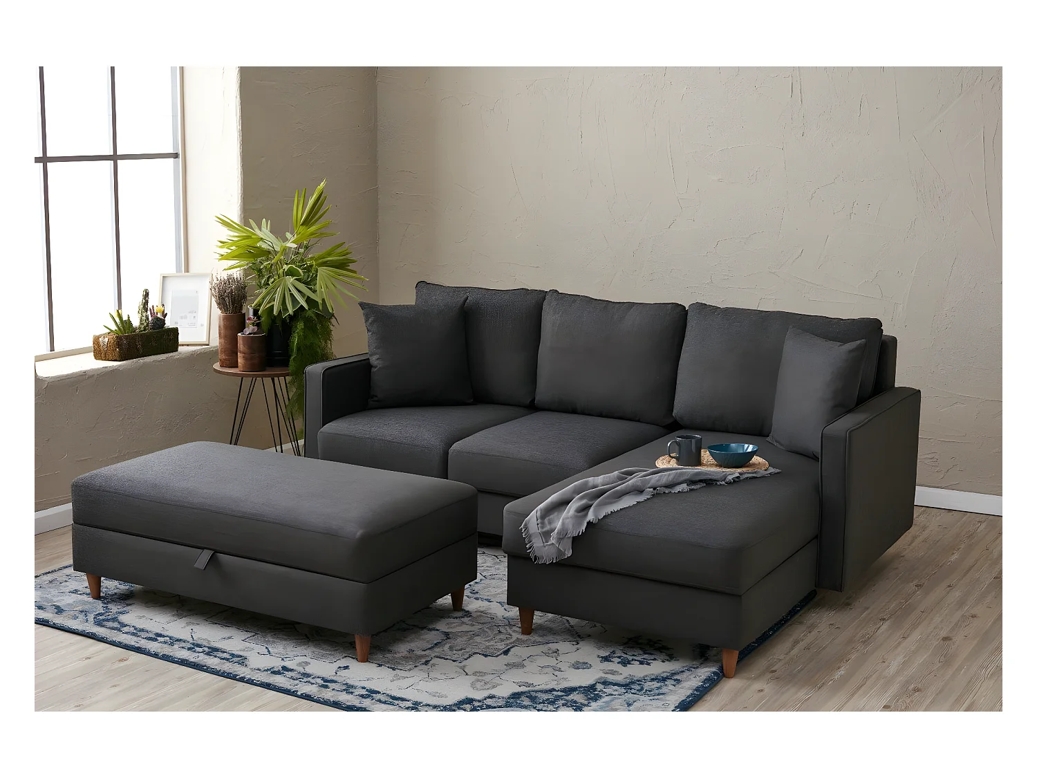 Canapé d'angle à droite convertible avec pouf-coffre Evania Tissu Gris anthracite