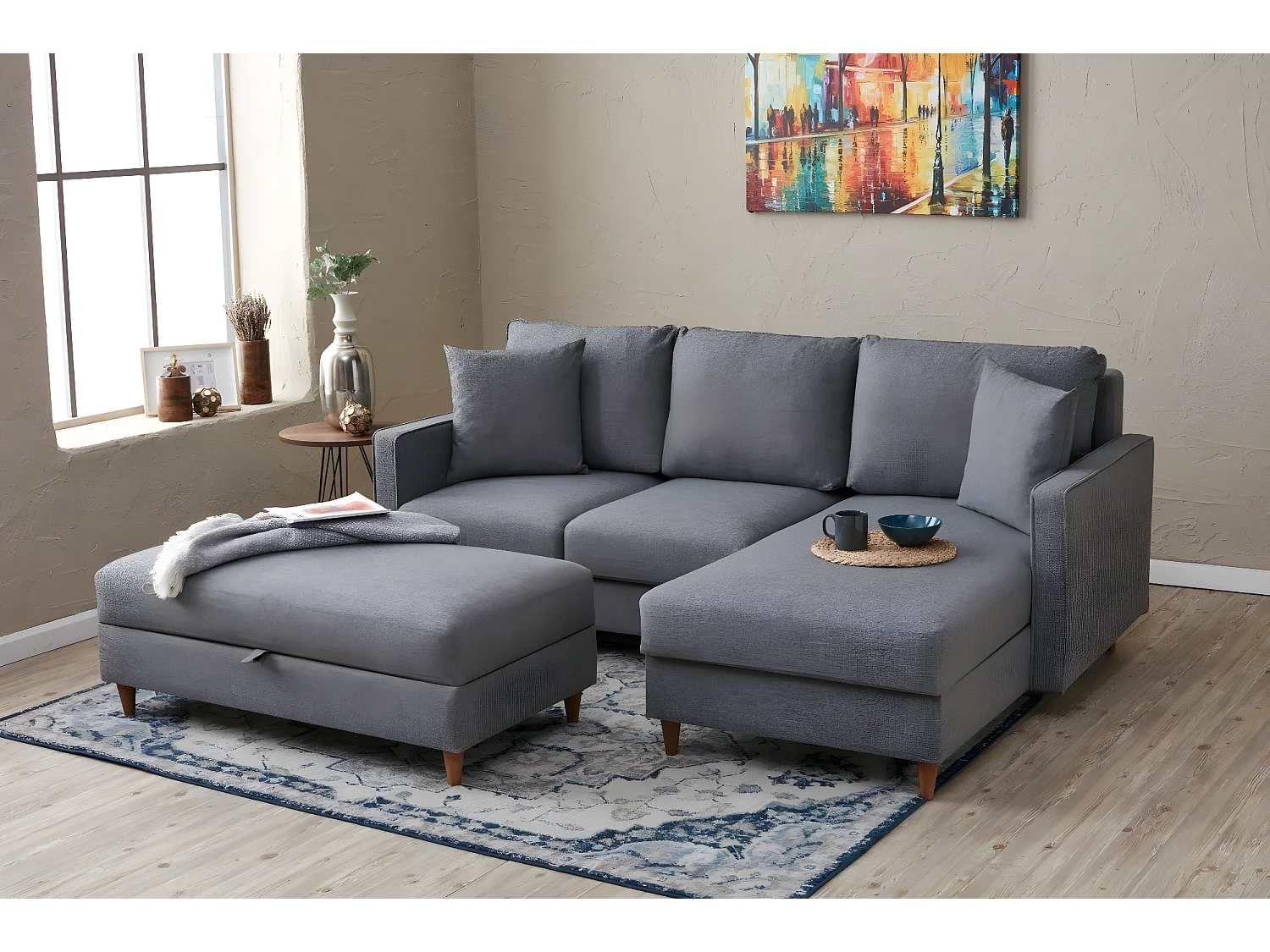 Canapé d'angle à droite convertible avec pouf-coffre Evania Tissu Gris