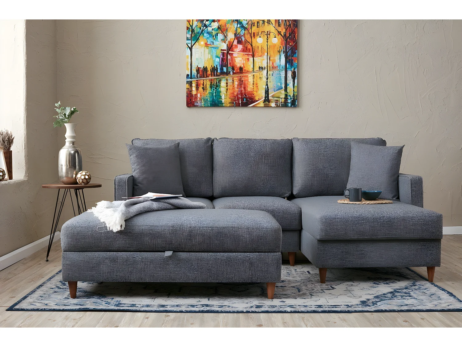 Canapé d'angle à droite convertible avec pouf-coffre Evania Tissu Gris