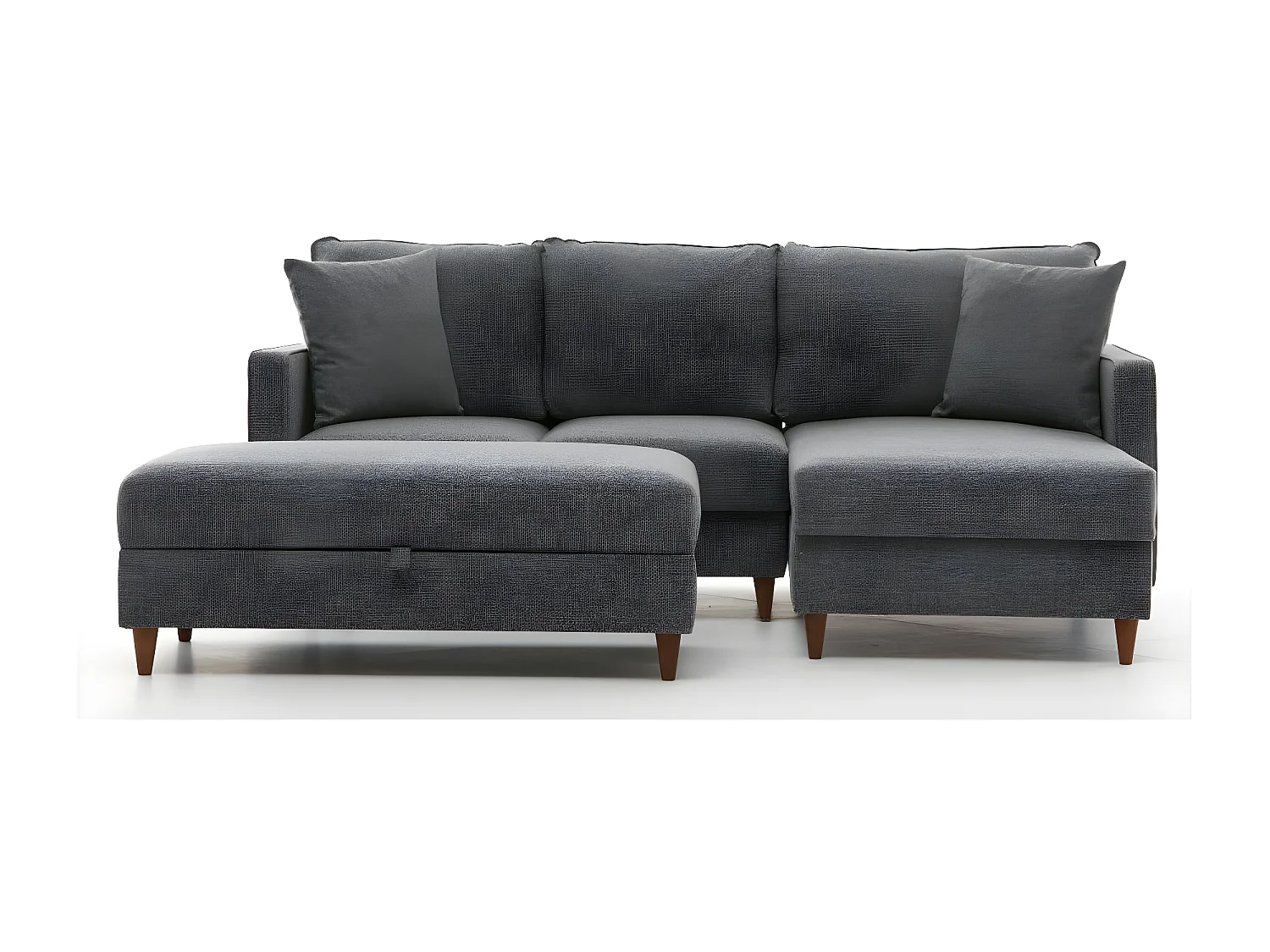 Canapé d'angle à droite convertible avec pouf-coffre Evania Tissu Gris