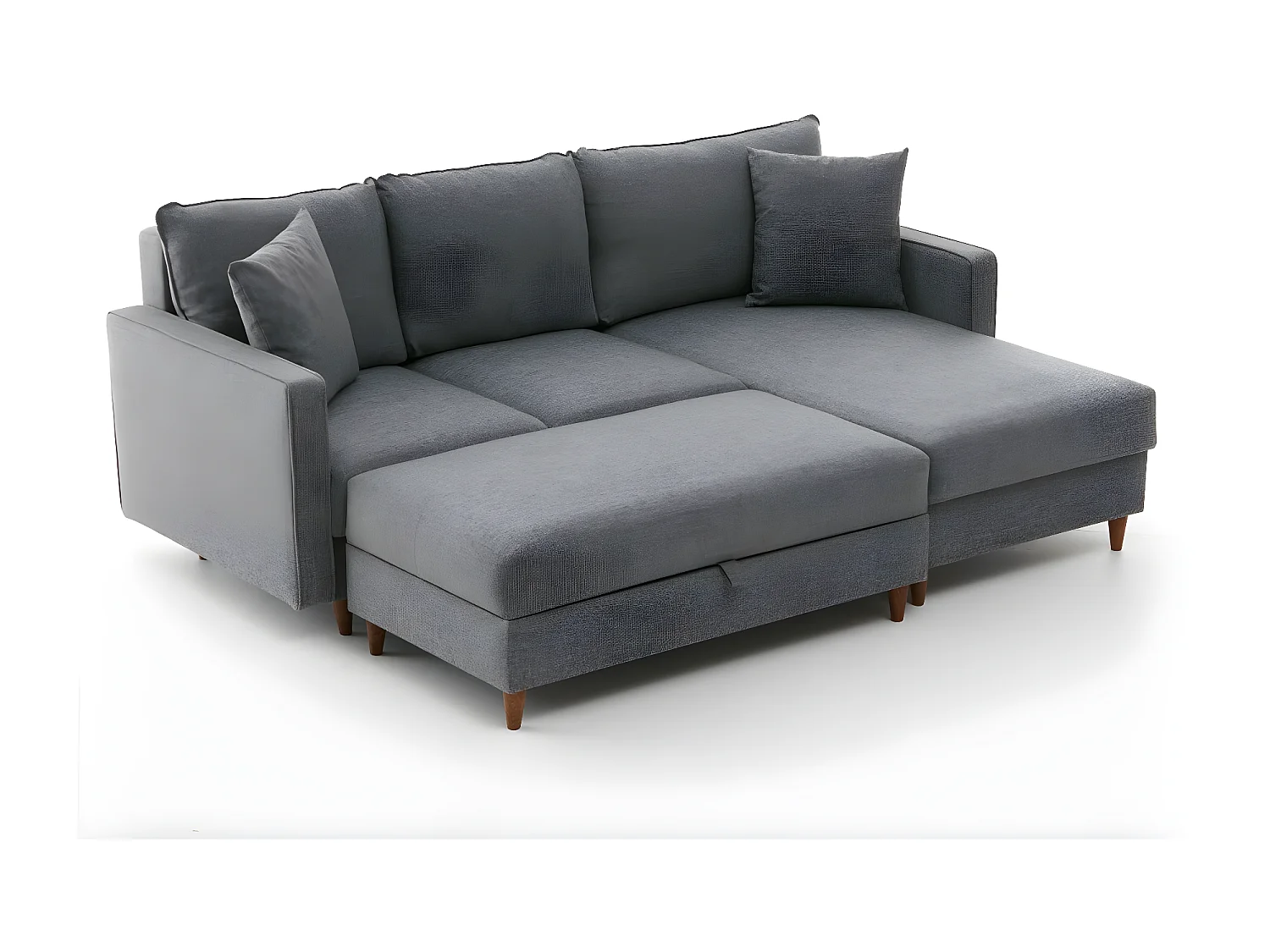 Canapé d'angle à droite convertible avec pouf-coffre Evania Tissu Gris