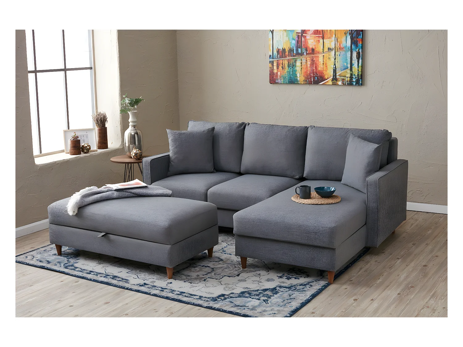 Canapé d'angle à droite convertible avec pouf-coffre Evania Tissu Gris
