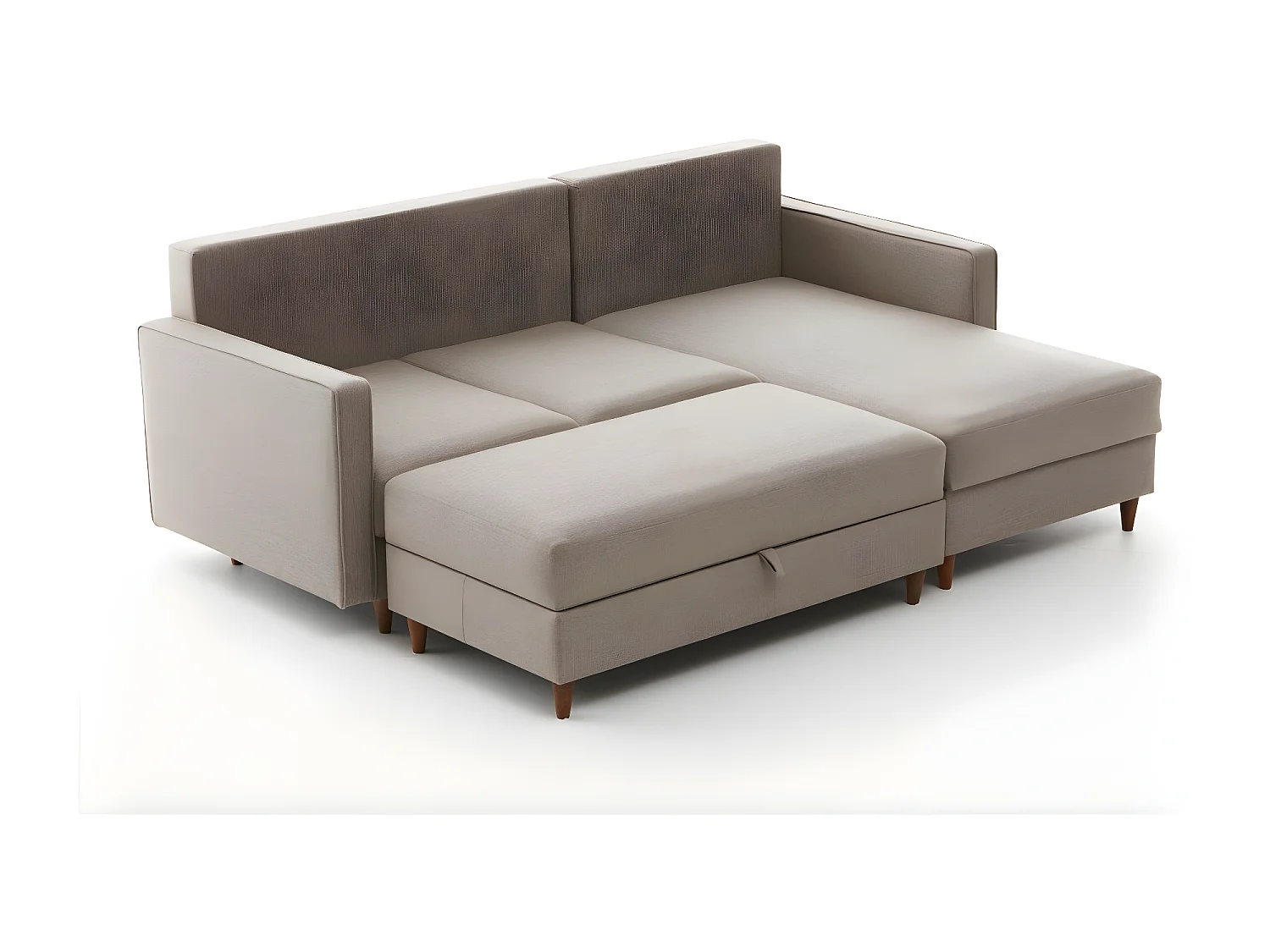 Converteerbare hoekbank met opbergpoef in lichtbeige Melano stof 210 cm-Model Juiste hoek