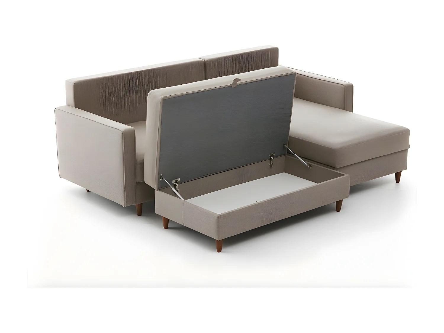 Converteerbare hoekbank met opbergpoef in lichtbeige Melano stof 210 cm-Model Juiste hoek