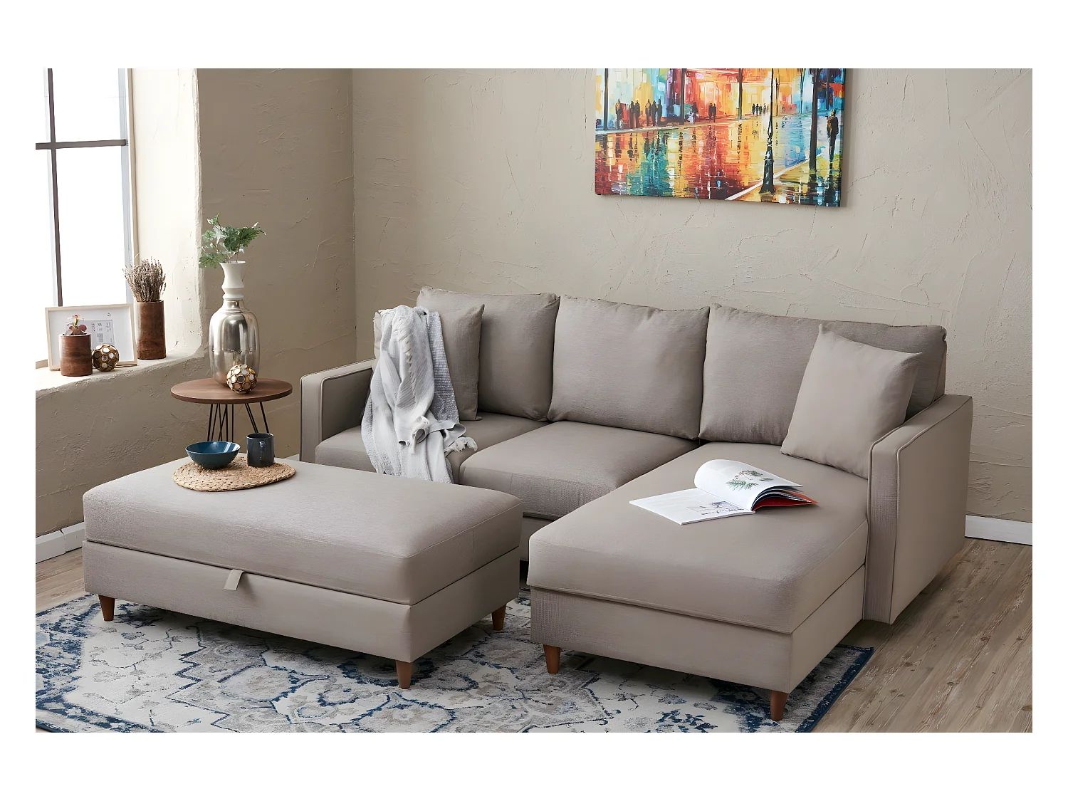 Canapé d'angle à droite convertible avec pouf-coffre Evania Tissu Taupe