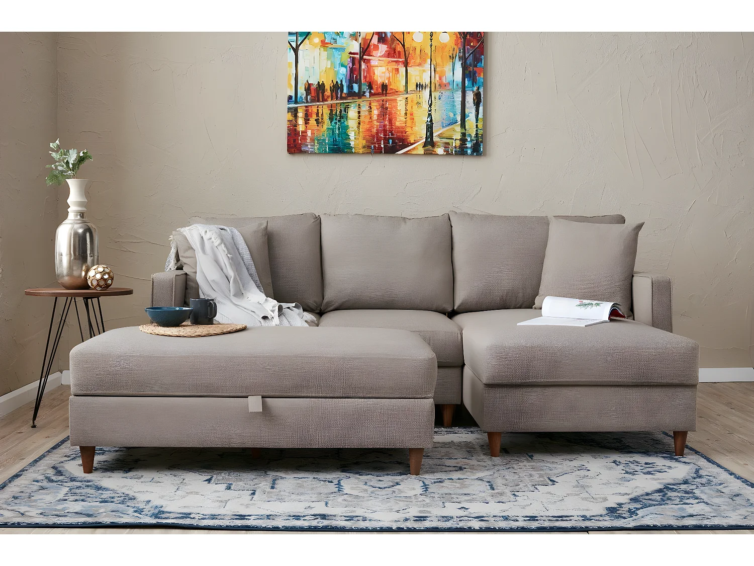 Converteerbare hoekbank met opbergpoef in lichtbeige Melano stof 210 cm-Model Juiste hoek