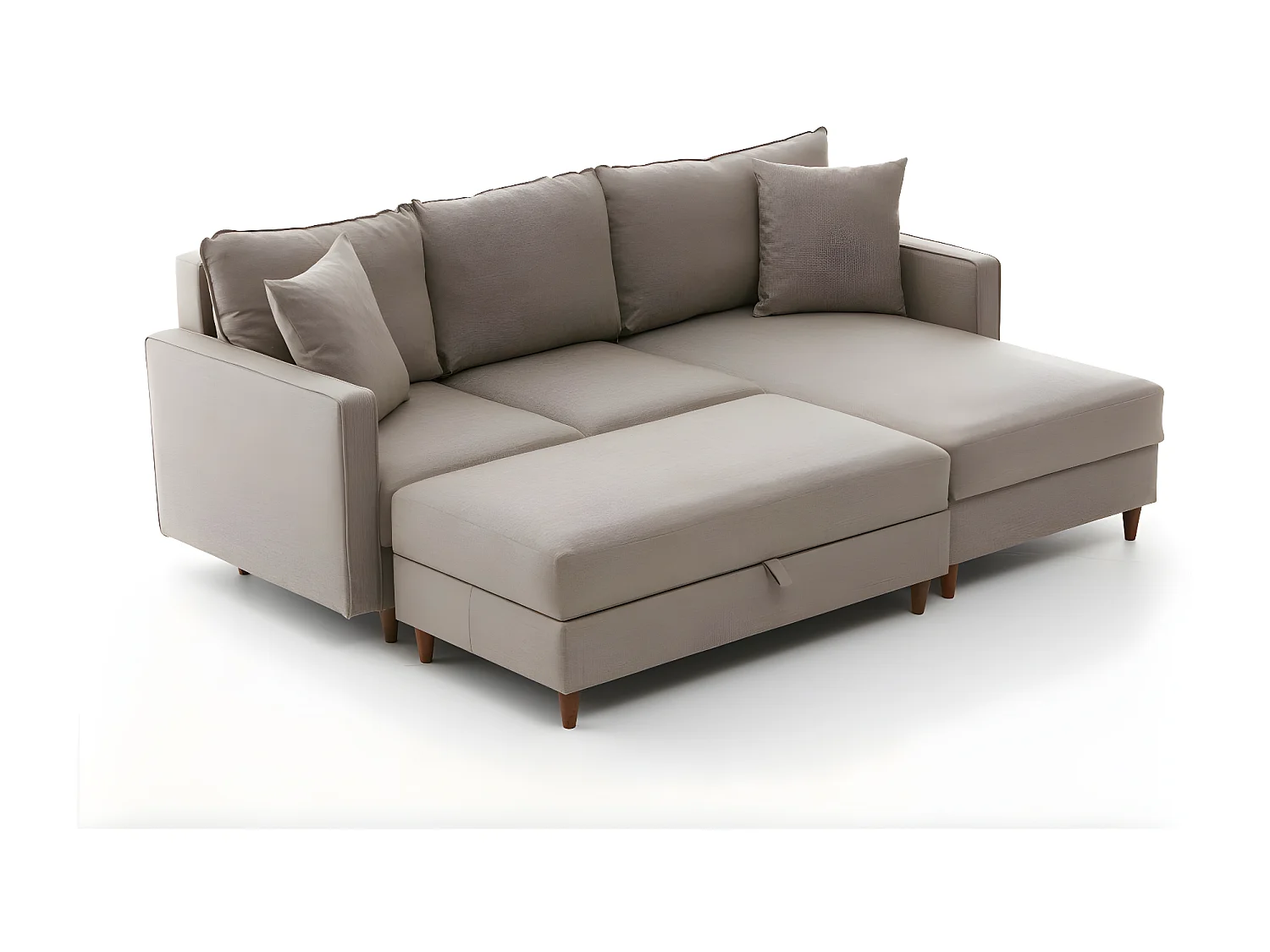 Converteerbare hoekbank met opbergpoef in lichtbeige Melano stof 210 cm-Model Juiste hoek