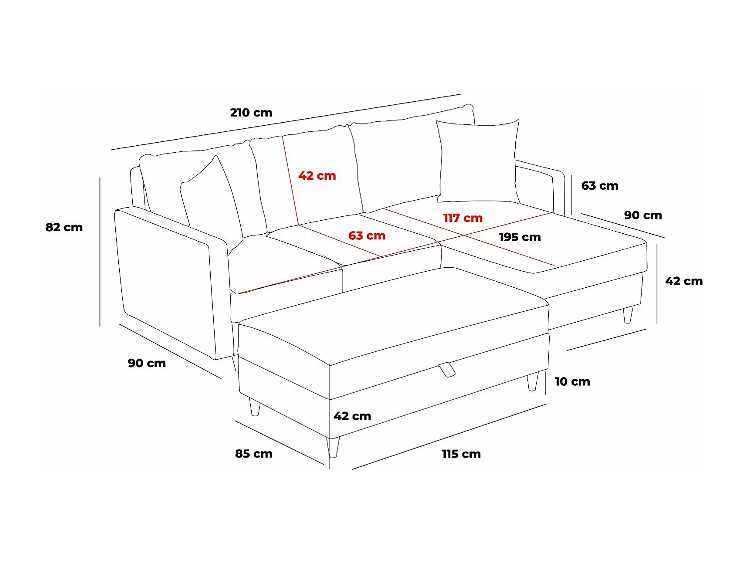 Converteerbare hoekbank met opbergpoef in lichtbeige Melano stof 210 cm-Model Juiste hoek
