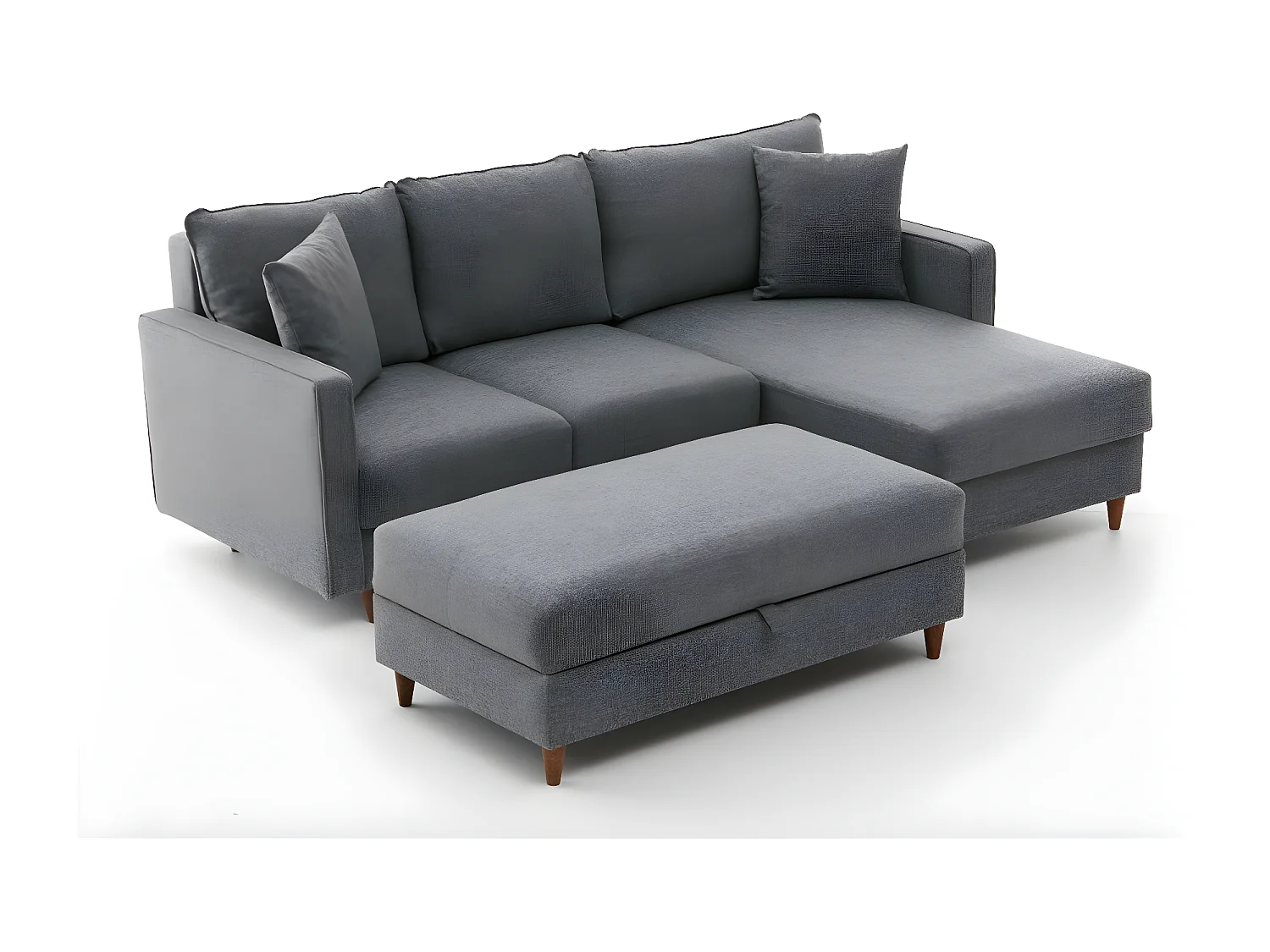 Canapé d'angle à gauche convertible avec pouf-coffre Evania Tissu Gris