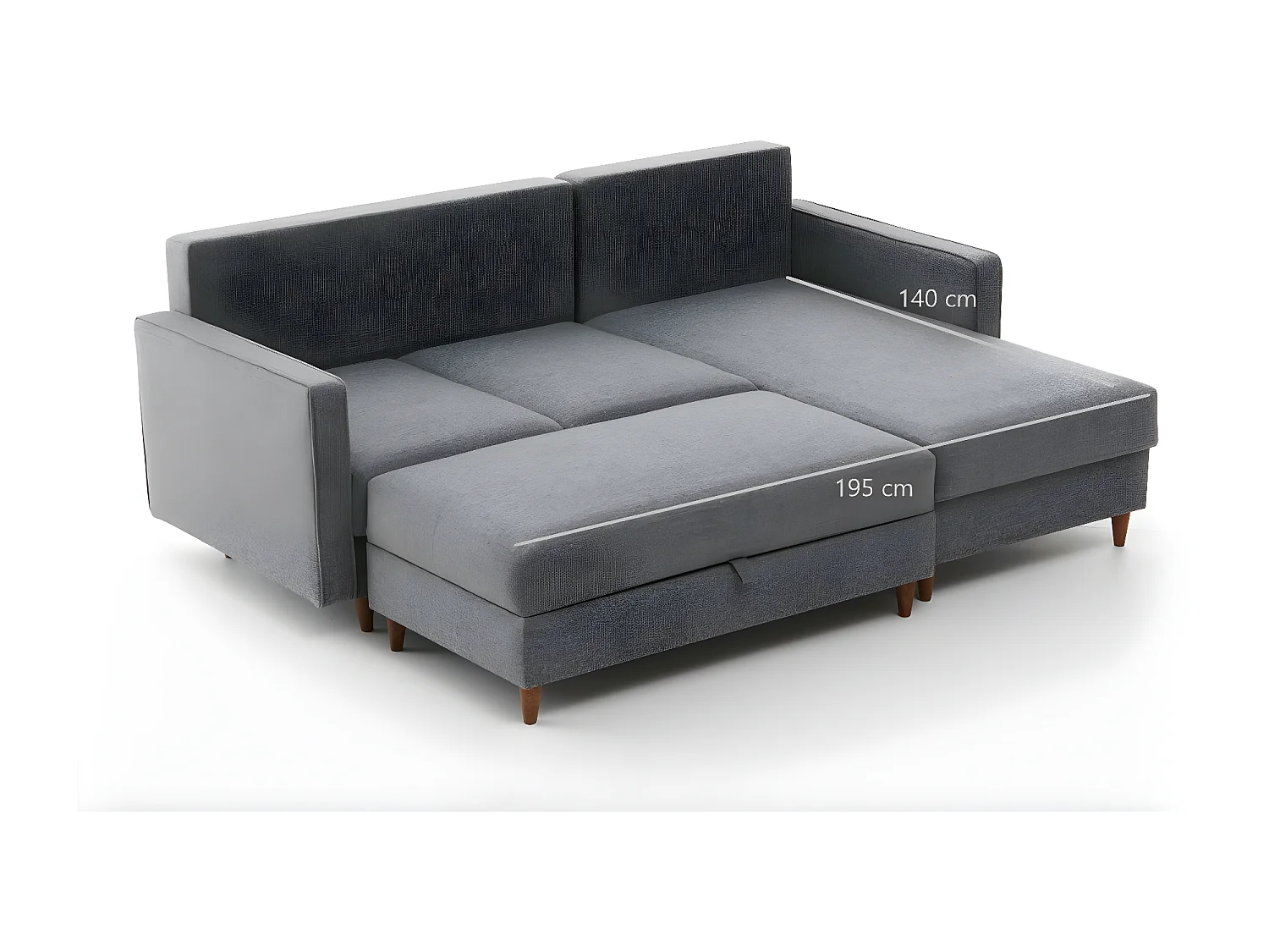 Canapé d'angle à gauche convertible avec pouf-coffre Evania Tissu Gris