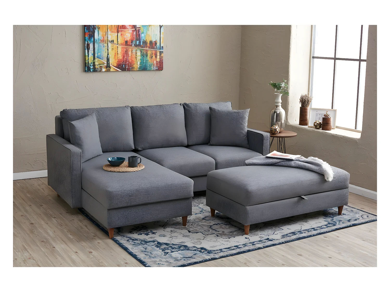 Canapé d'angle à gauche convertible avec pouf-coffre Evania Tissu Gris